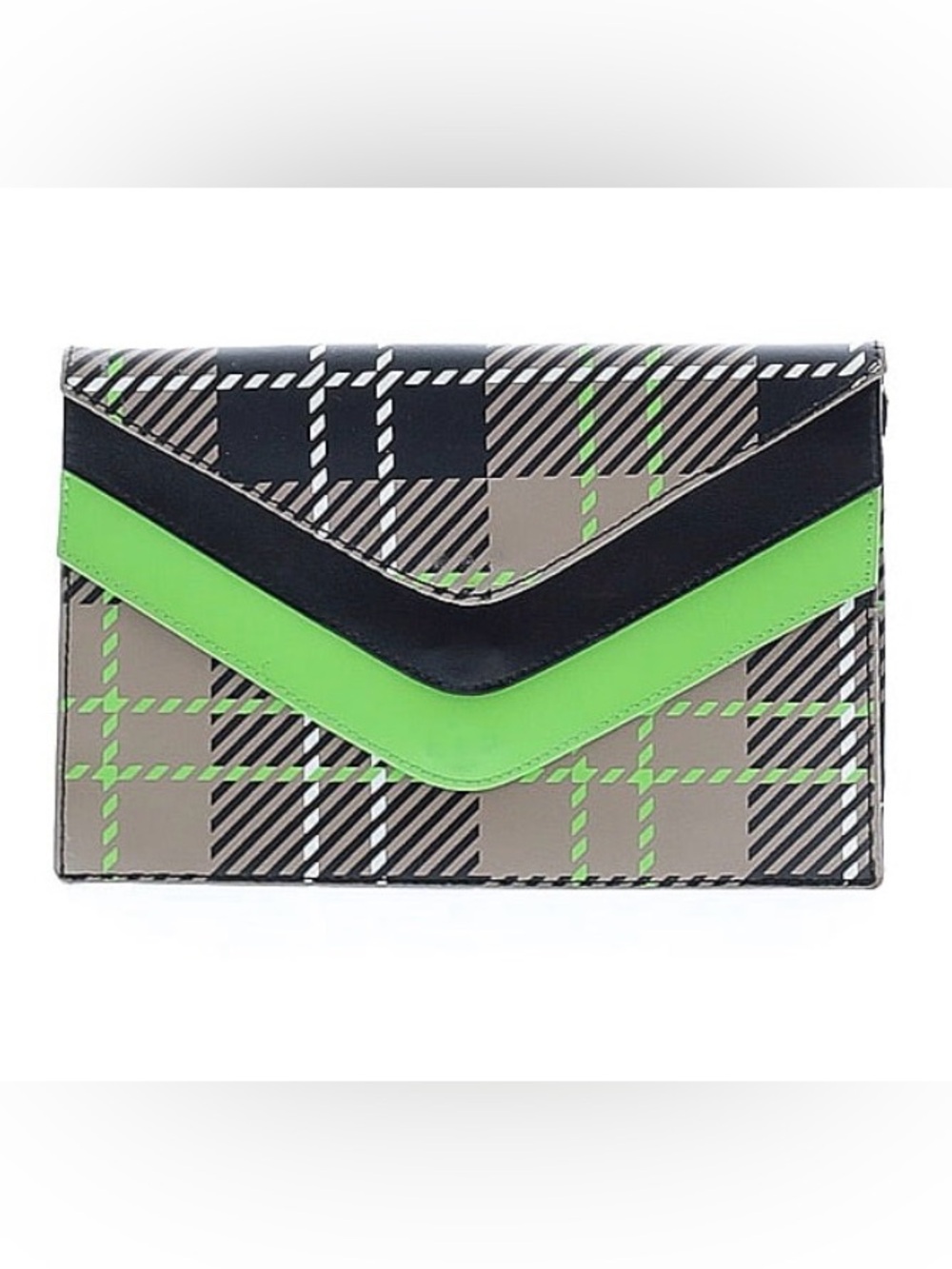 Baekgaard Plaid Envelope Clutch Tan Black with Neon Green Stripes